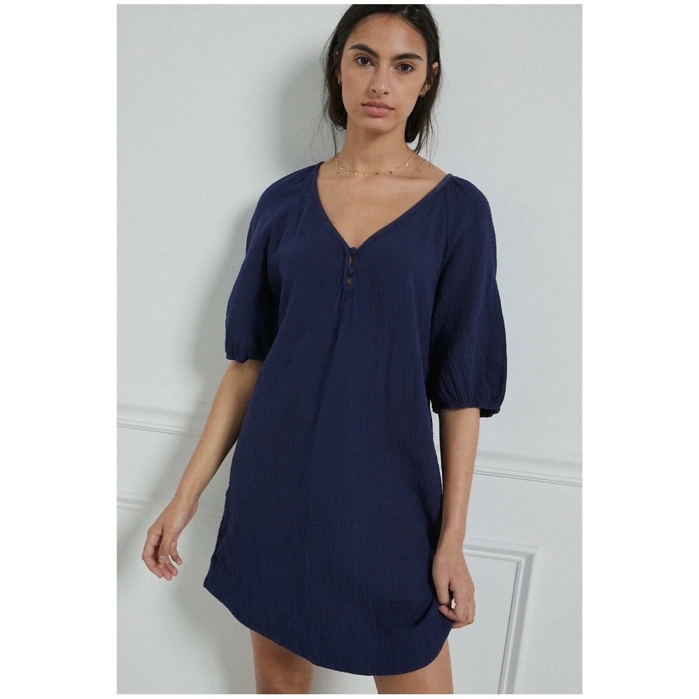 Anthropologie‎ Taylor Puff-Sleeved Tunic Dress blue XL cotton gauze